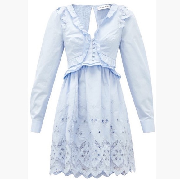 NWT Self Portrait  Cotton Broderie A-Line Mini Dress Light Blue 0 - Picture 2 of 15